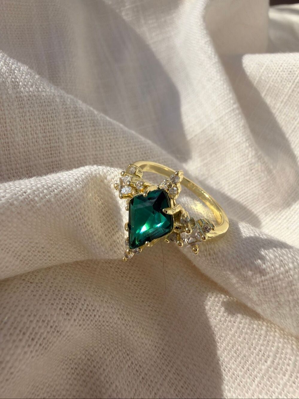 Emerald Green Cubic Zirconia Trillion Cut Gold Tone Statement Ring